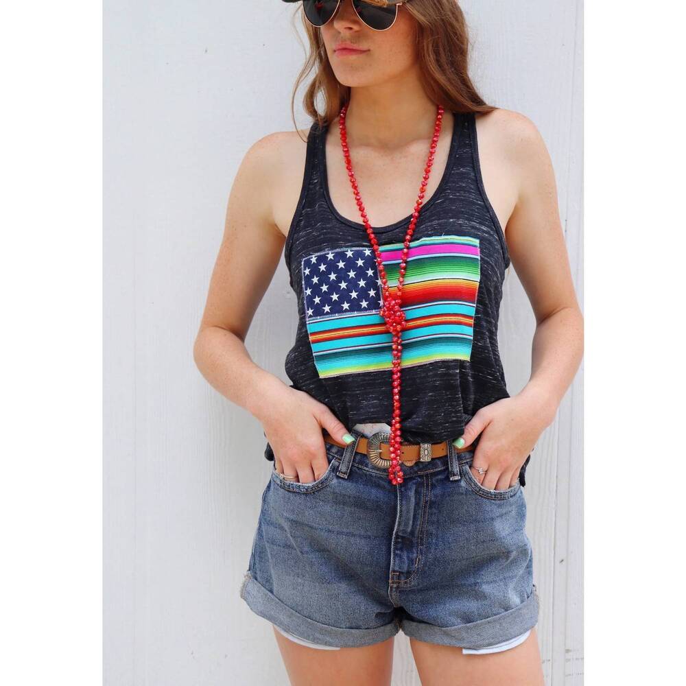 NEW SWEET TEXAS TREASURES rita serape flag racerback tank top in black marble